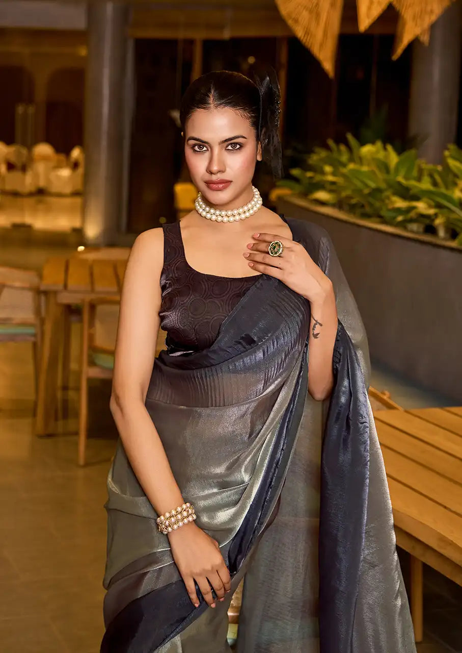 Indo Silk Deep Grey Sarees Crafted With Fendy Satin Blend Traditional Elegance And Modern Luxury
