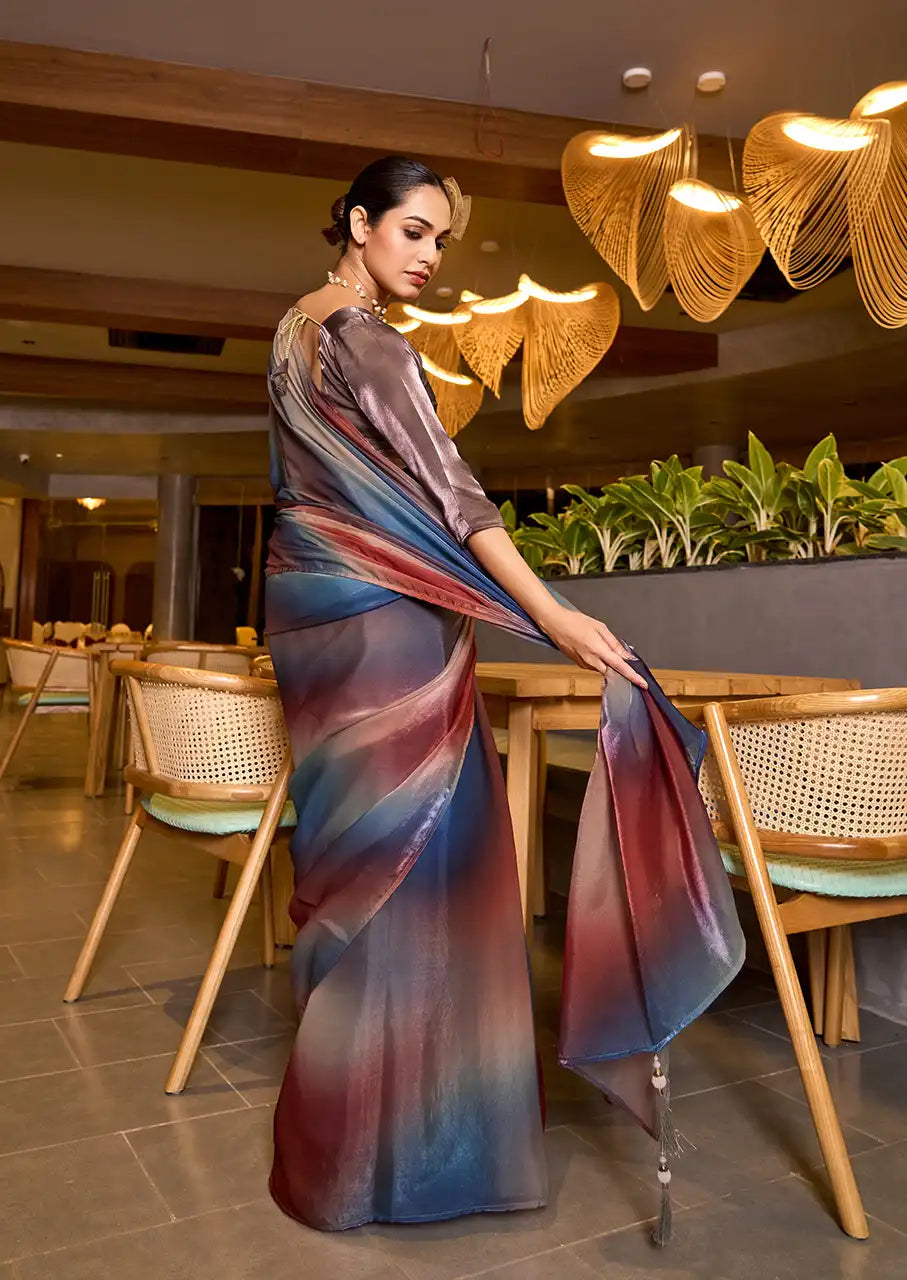 Indo Silk Wine Red & Navy Blue Sarees Crafted With Fendy Satin Blend Traditional Elegance And Modern Luxury