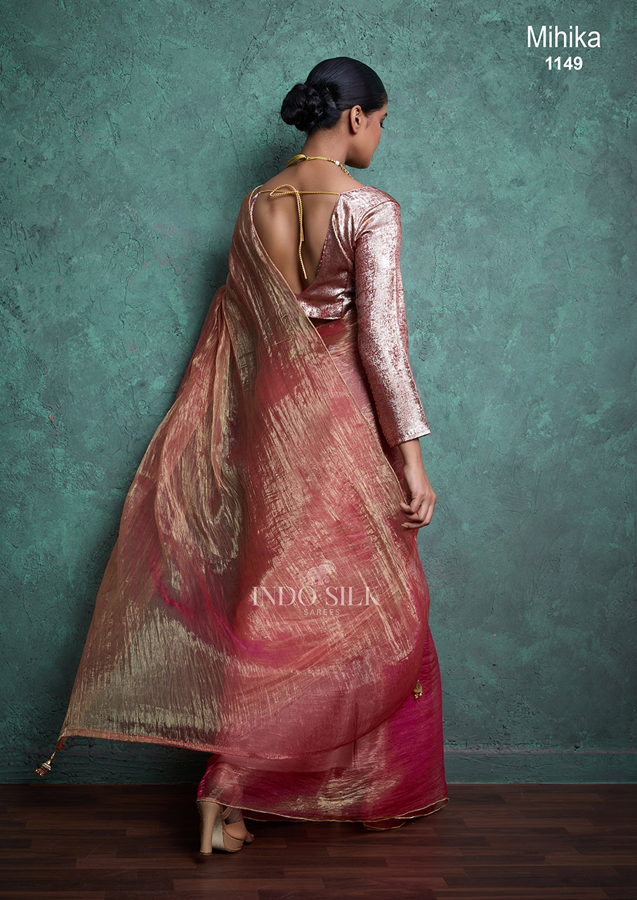 Mihika Rose Gold Pink Silk Saree – Designer Party & Wedding Wear
