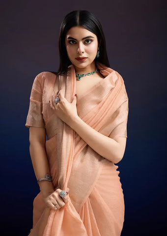 Indo Silk Peach Sarees Crafted With A Blend Of Linen And Cotton Offer A Unique Combination Of Texture And Elegance