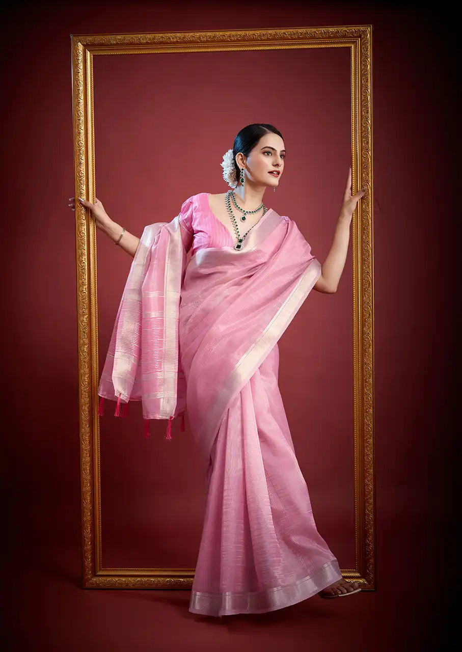 Indo Silk Pink Sarees Crafted With A Blend Of Linen And Silk Offer A Unique Combination Of Texture And Elegance