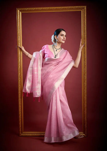 Indo Silk Pink Sarees Crafted With A Blend Of Linen And Silk Offer A Unique Combination Of Texture And Elegance