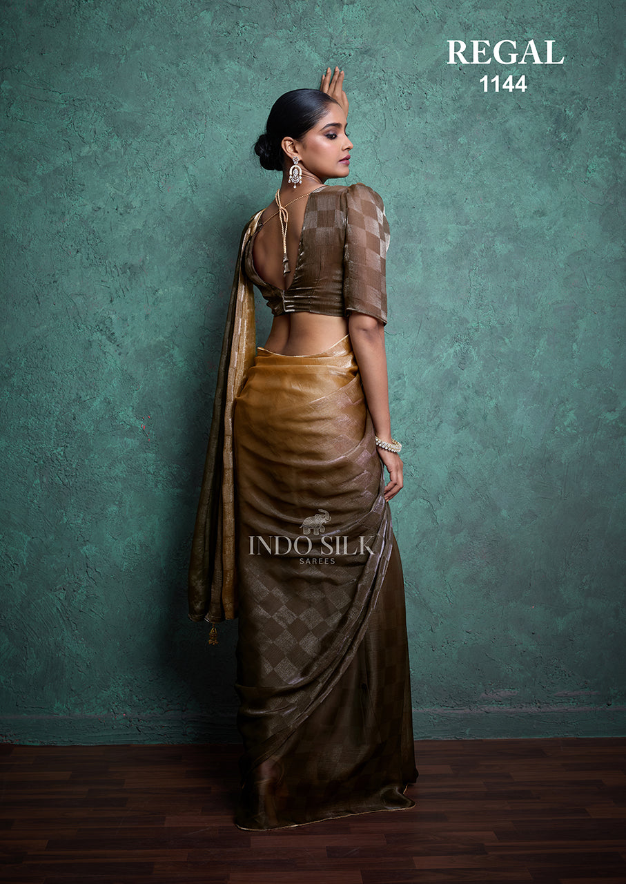 Regal 1144 Golden Brown Fendy Satin Chex Saree – Elegant Designer Indo Silk Saree for Women