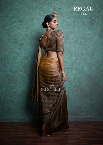 Regal 1144 Golden Brown Fendy Satin Chex Saree – Elegant Designer Indo Silk Saree for Women