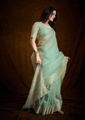 Indo Silk Mint Green Sarees Crafted With A Blend Of Linen And Silk Offer A Unique Combination Of Texture And Elegance