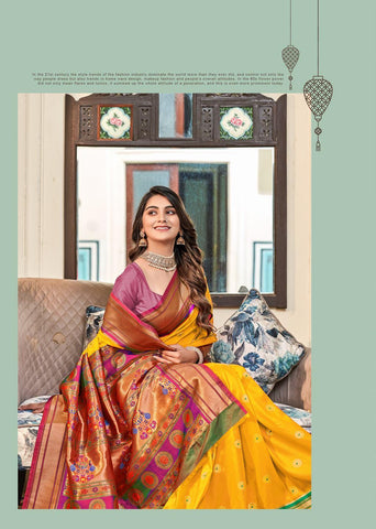 Royal yellow with pink color border Soft peshwai paithani silk saree