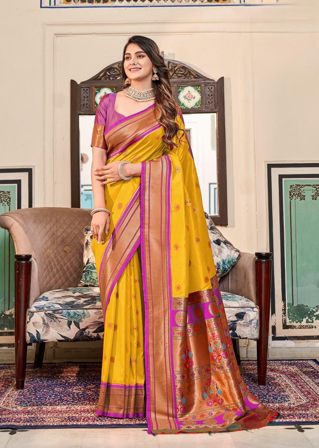 Royal yellow with pink color border Soft peshwai paithani silk saree