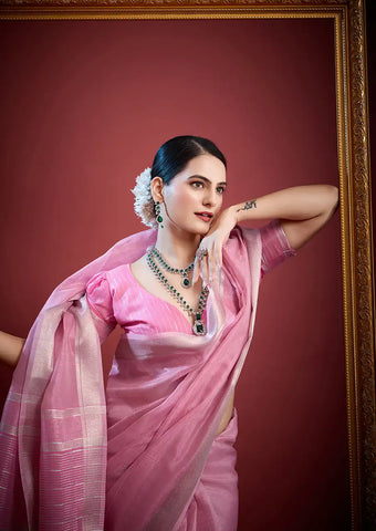 Indo Silk Pink Sarees Crafted With A Blend Of Linen And Silk Offer A Unique Combination Of Texture And Elegance