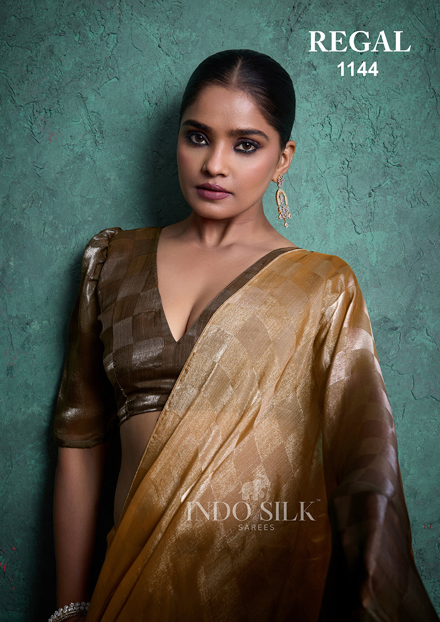 Regal 1144 Golden Brown Fendy Satin Chex Saree – Elegant Designer Indo Silk Saree for Women