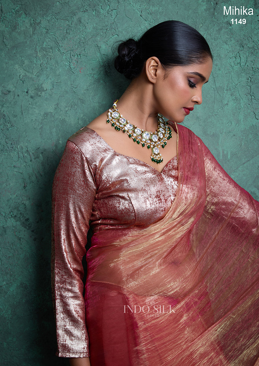 Mihika Rose Gold Pink Silk Saree – Designer Party & Wedding Wear