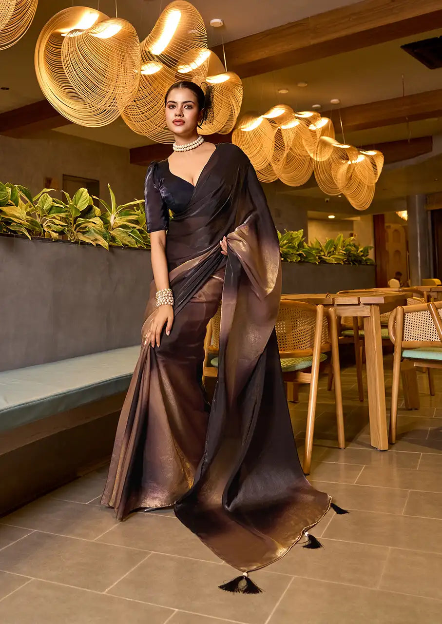 Indo Silk Brown & Black Sarees Crafted With Fendy Satin Blend Traditional Elegance And Modern Luxury