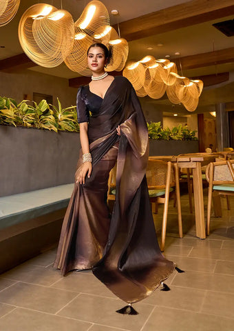 Indo Silk Brown & Black Sarees Crafted With Fendy Satin Blend Traditional Elegance And Modern Luxury