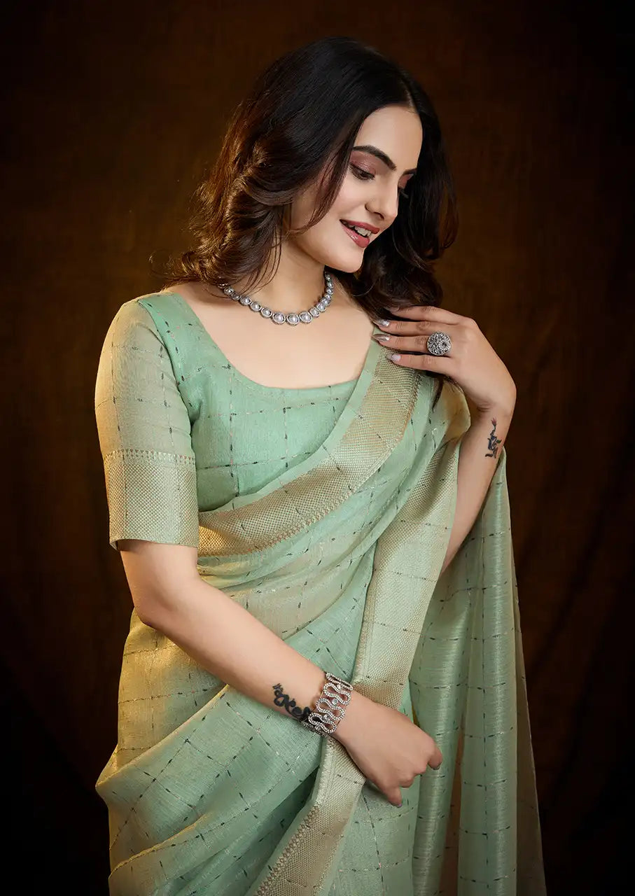 Indo Silk Mint Green Sarees Crafted With A Blend Of Linen And Silk Offer A Unique Combination Of Texture And Elegance