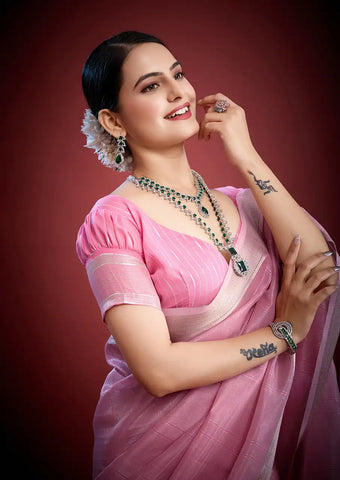 Indo Silk Pink Sarees Crafted With A Blend Of Linen And Silk Offer A Unique Combination Of Texture And Elegance