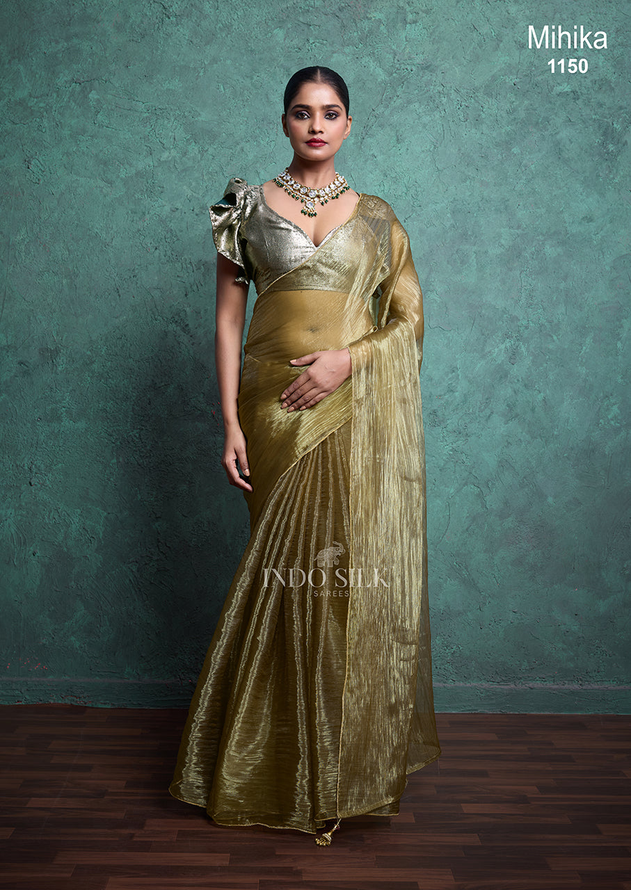 Mihika Olive Green Silk Saree – Designer Party & Wedding Wear
