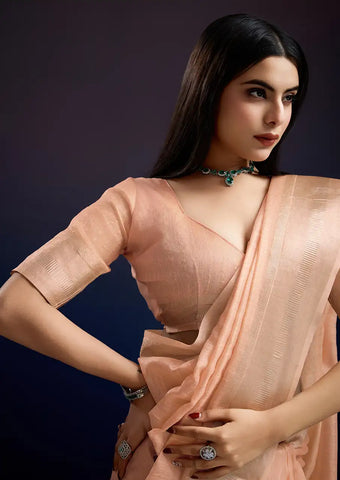 Indo Silk Peach Sarees Crafted With A Blend Of Linen And Cotton Offer A Unique Combination Of Texture And Elegance