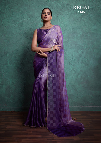 Regal 1145 Purple Fendy Satin Chex Saree – Elegant Designer Indo Silk Saree for Women