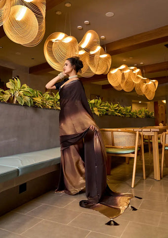 Indo Silk Brown & Black Sarees Crafted With Fendy Satin Blend Traditional Elegance And Modern Luxury