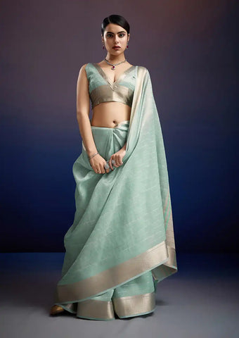 Indo Silk Mint Blue Sarees Crafted With A Blend Of Linen And Silk Offer A Unique Combination Of Texture And Elegance