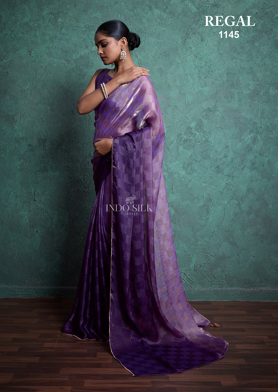 Regal 1145 Purple Fendy Satin Chex Saree – Elegant Designer Indo Silk Saree for Women