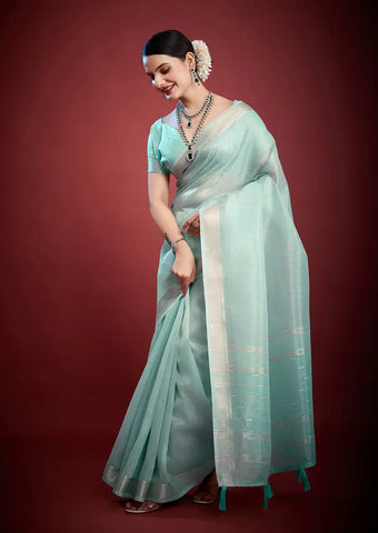 Indo Silk Blue Sarees Crafted With A Blend Of Linen And Silk Offer A Unique Combination Of Texture And Elegance
