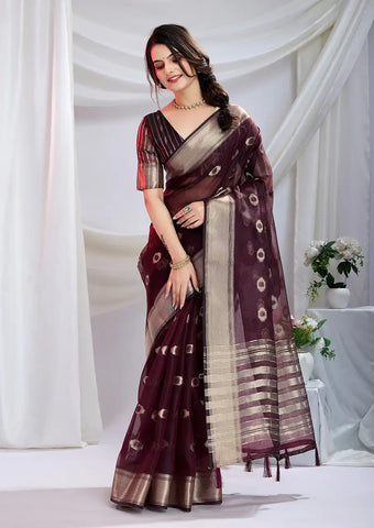 Indo Silk Deep Maroon Sarees Crafted With A Blend Of Linen And Cotton Offer A Unique Combination Of Texture And Elegance