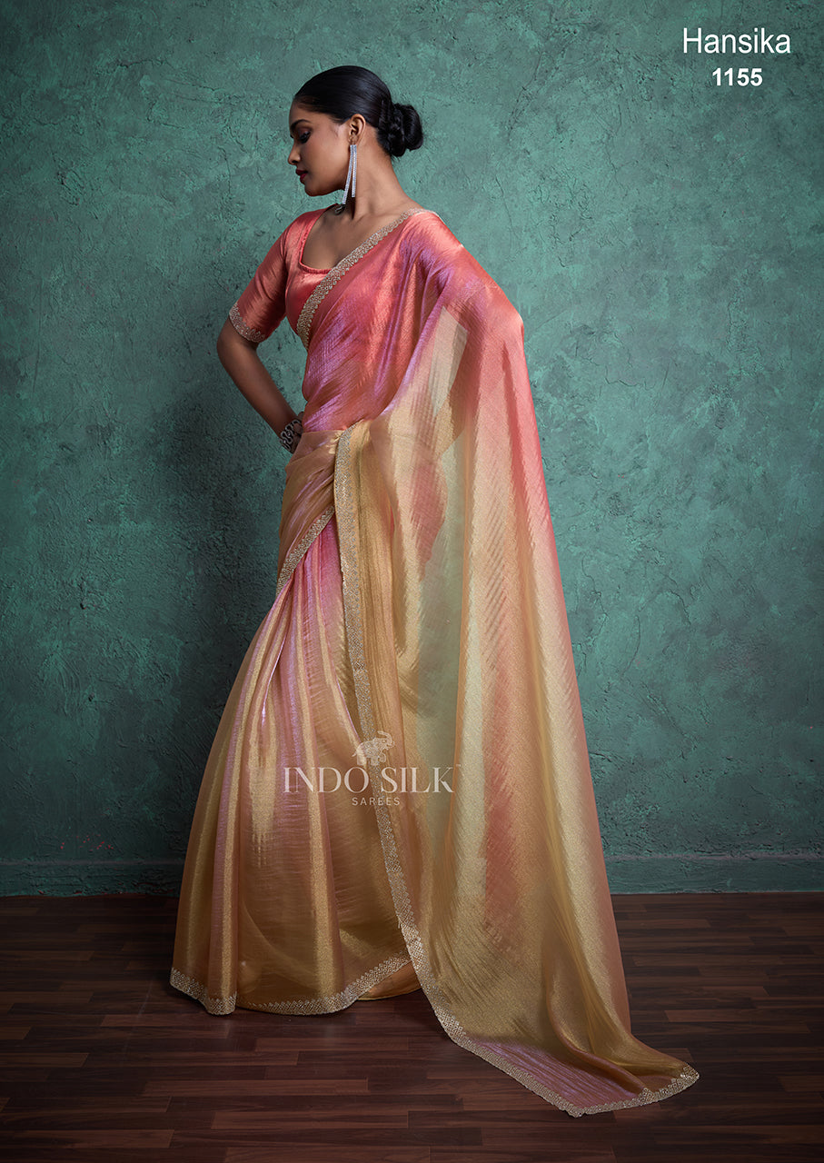 Hansika Premium Peach Gold Silk Saree with Elegant Border Work