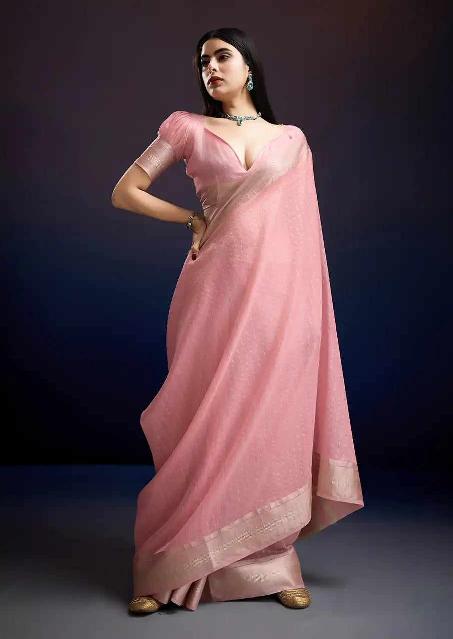 Indo Silk Blush Pink Sarees Crafted With A Blend Of Linen And Cotton Offer A Unique Combination Of Texture And Elegance