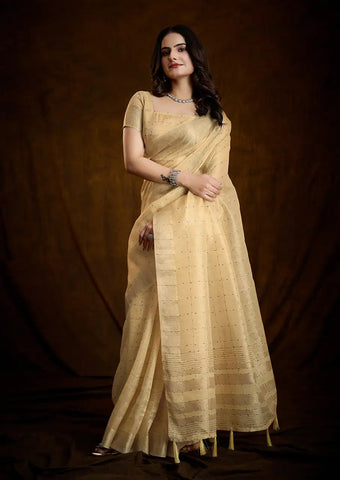 Indo Silk Golden Beige Sarees Crafted With A Blend Of Linen And Silk Offer A Unique Combination Of Texture And Elegance