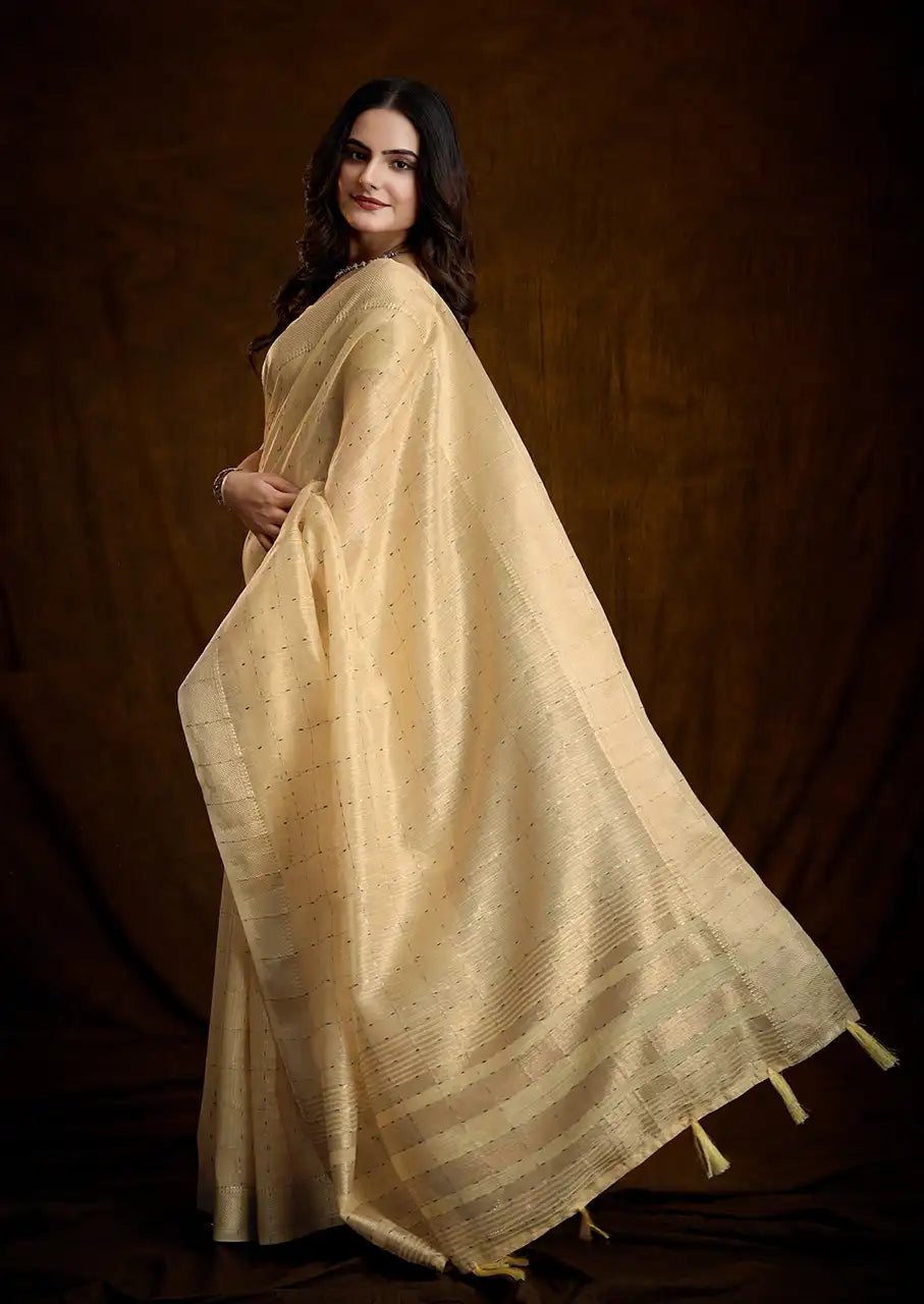 Indo Silk Golden Beige Sarees Crafted With A Blend Of Linen And Silk Offer A Unique Combination Of Texture And Elegance