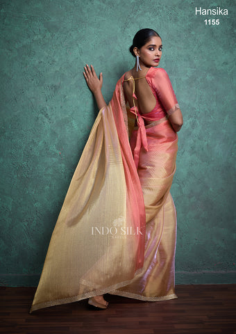 Hansika Premium Peach Gold Silk Saree with Elegant Border Work