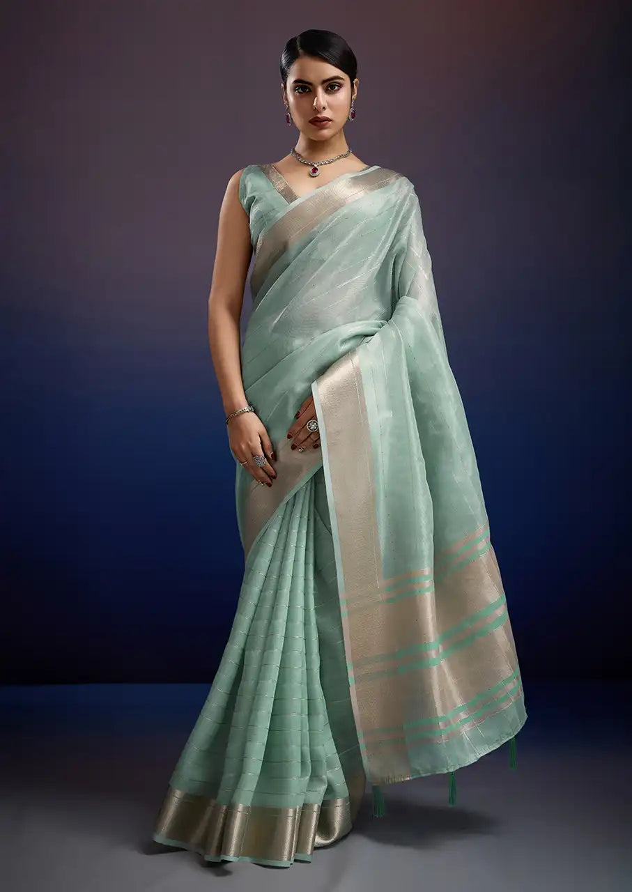 Indo Silk Mint Blue Sarees Crafted With A Blend Of Linen And Silk Offer A Unique Combination Of Texture And Elegance
