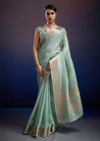Indo Silk Mint Blue Sarees Crafted With A Blend Of Linen And Silk Offer A Unique Combination Of Texture And Elegance