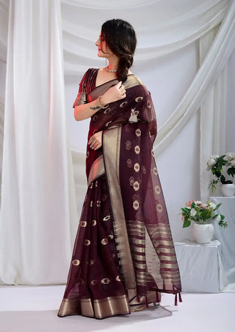 Indo Silk Deep Maroon Sarees Crafted With A Blend Of Linen And Cotton Offer A Unique Combination Of Texture And Elegance