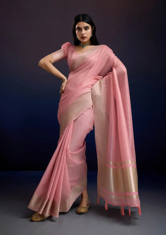 Indo Silk Blush Pink Sarees Crafted With A Blend Of Linen And Cotton Offer A Unique Combination Of Texture And Elegance