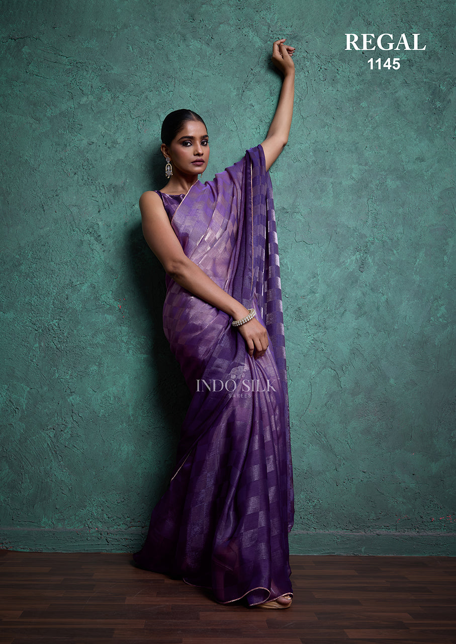 Regal 1145 Purple Fendy Satin Chex Saree – Elegant Designer Indo Silk Saree for Women