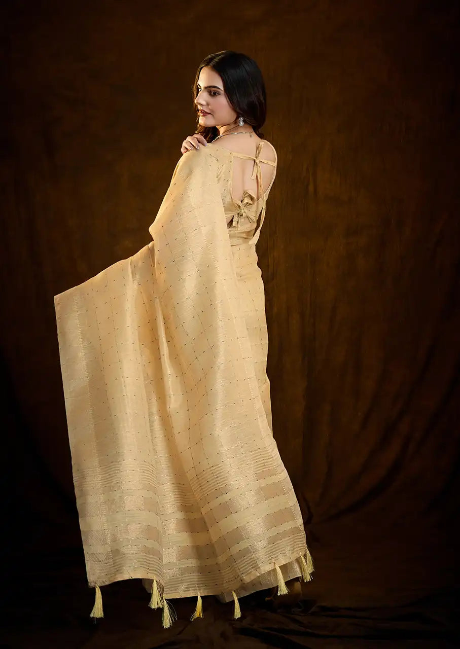 Indo Silk Golden Beige Sarees Crafted With A Blend Of Linen And Silk Offer A Unique Combination Of Texture And Elegance