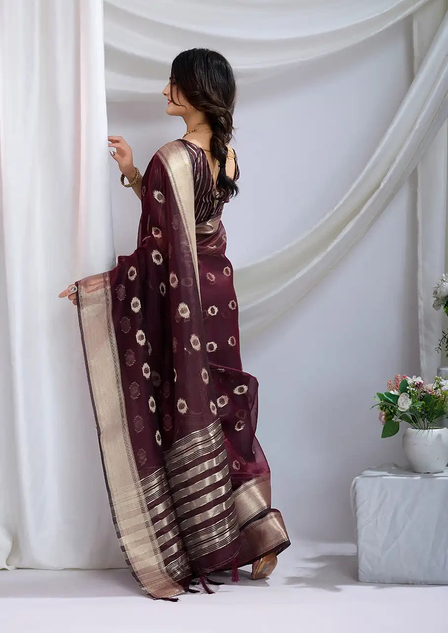 Indo Silk Deep Maroon Sarees Crafted With A Blend Of Linen And Cotton Offer A Unique Combination Of Texture And Elegance