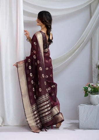 Indo Silk Deep Maroon Sarees Crafted With A Blend Of Linen And Cotton Offer A Unique Combination Of Texture And Elegance
