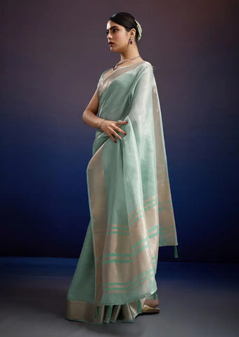 Indo Silk Mint Blue Sarees Crafted With A Blend Of Linen And Silk Offer A Unique Combination Of Texture And Elegance