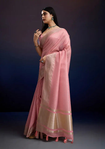 Indo Silk Blush Pink Sarees Crafted With A Blend Of Linen And Cotton Offer A Unique Combination Of Texture And Elegance