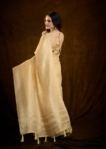 Indo Silk Golden Beige Sarees Crafted With A Blend Of Linen And Silk Offer A Unique Combination Of Texture And Elegance