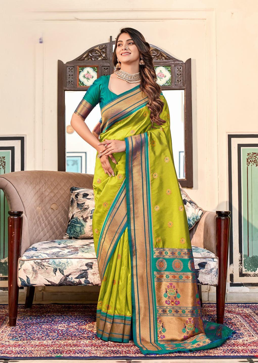 Parrot green with teal blue border  Soft Peshwai Paithani Silk saree