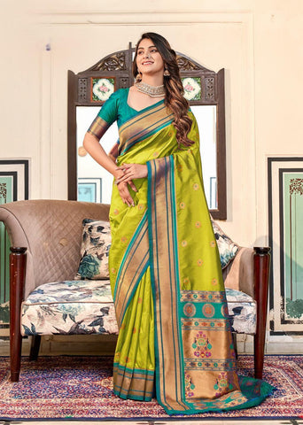 Parrot green with teal blue border  Soft Peshwai Paithani Silk saree