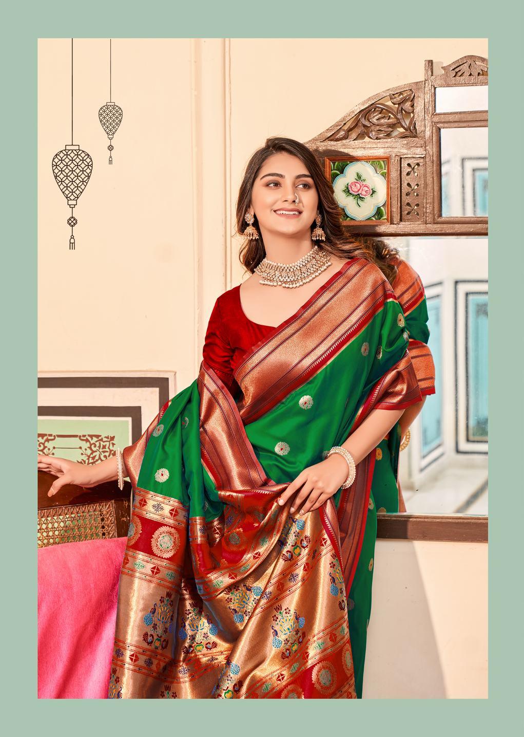 Dark green with red color border Soft Peshwai Paithani Silk saree - indosilk