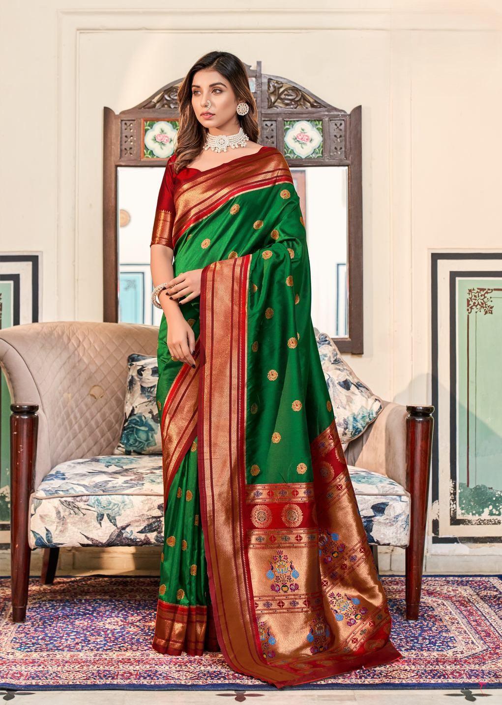 Dark green with red color border Soft Peshwai Paithani Silk saree - indosilk