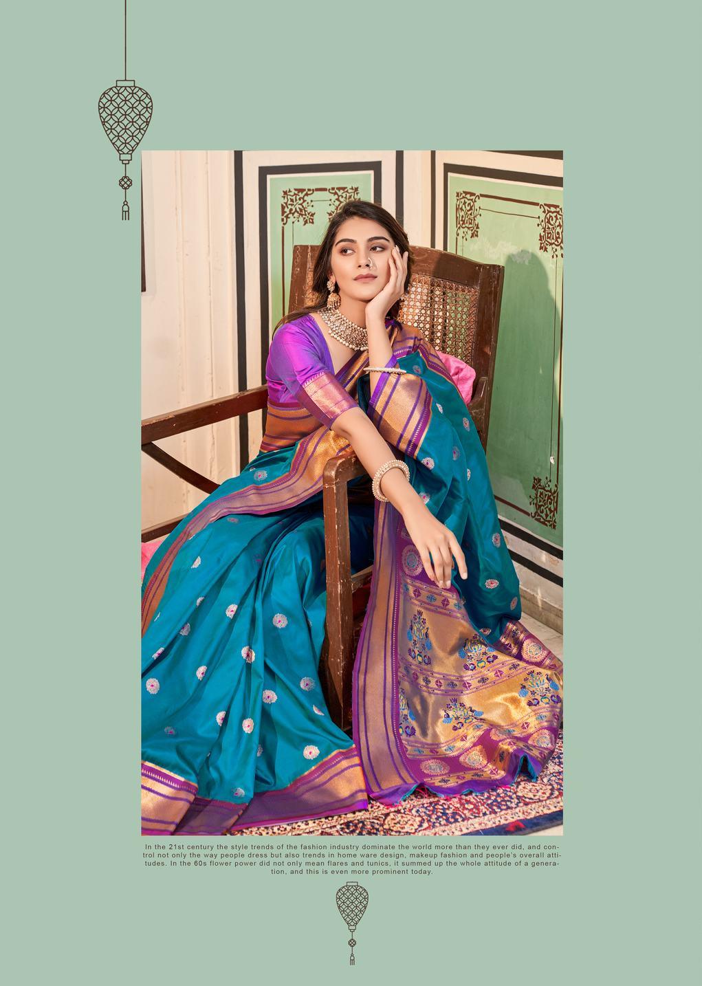 Azure blue with pink color border Soft Peshwai Paithani Silk - indosilk