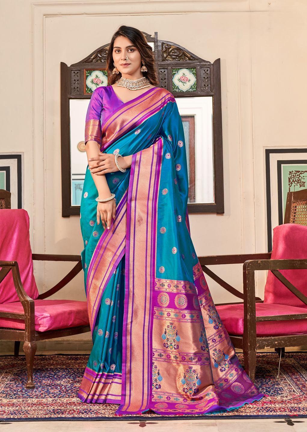 Azure blue with pink color border Soft Peshwai Paithani Silk - indosilk