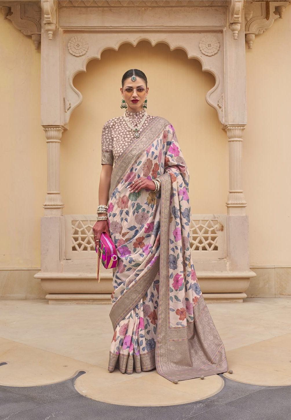 Floral Print PV Silk Saree