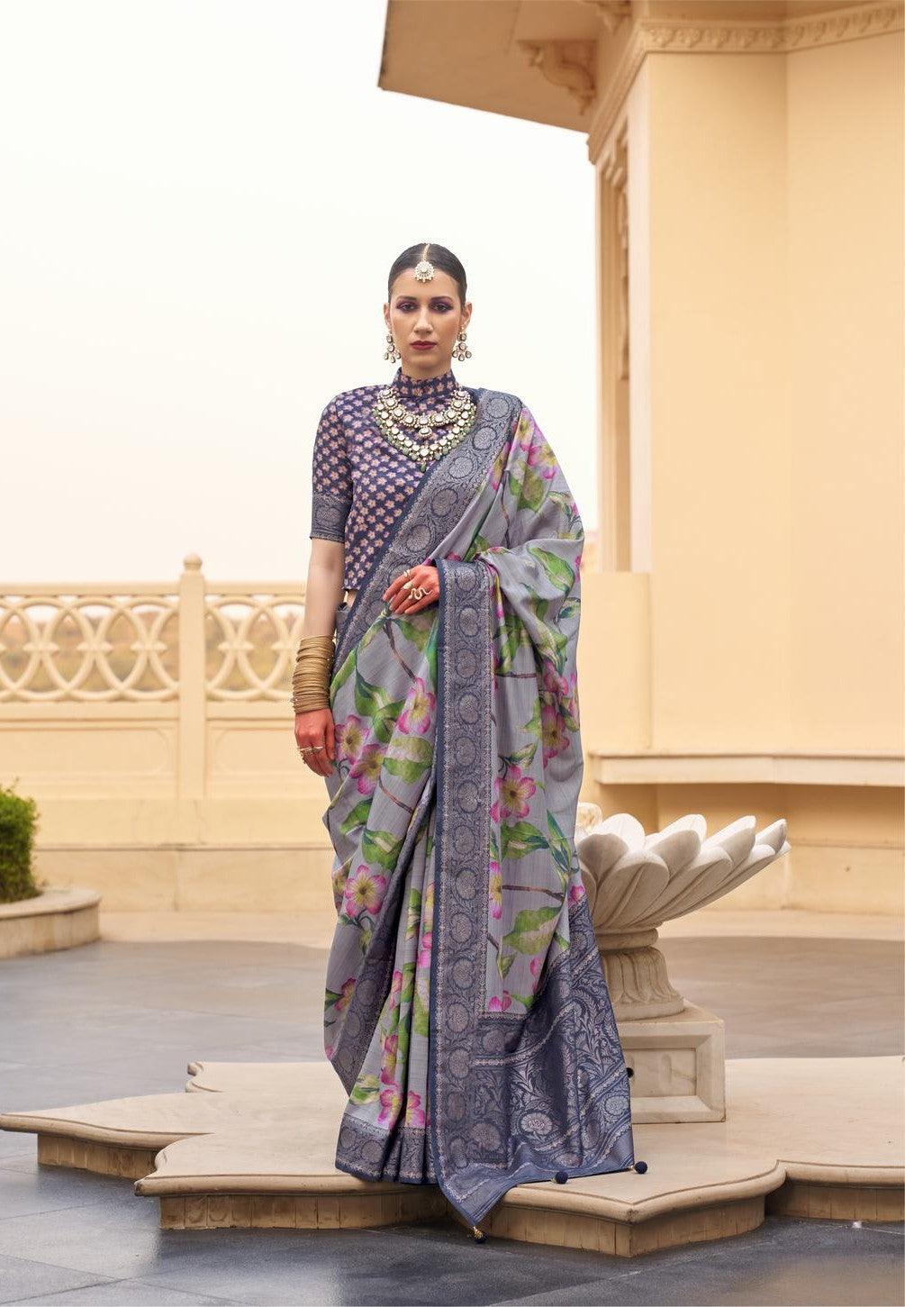 Floral Print PV Silk Saree